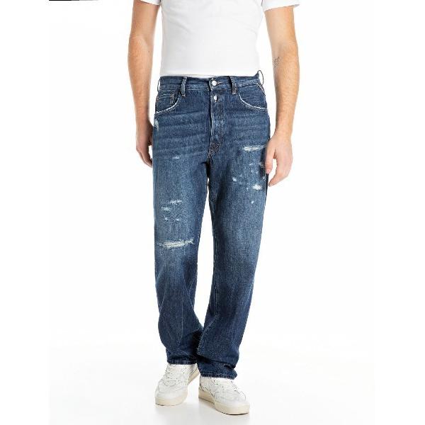 ジーンズ 9ZERO1 ストレートフィットインディゴダメージデニム メンズ