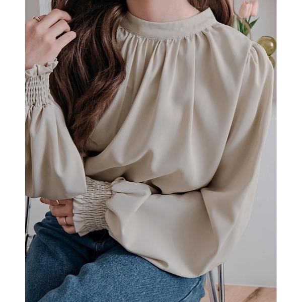 ブラウス シャツ スタンド カラー ギャザー ブラウス レディース
