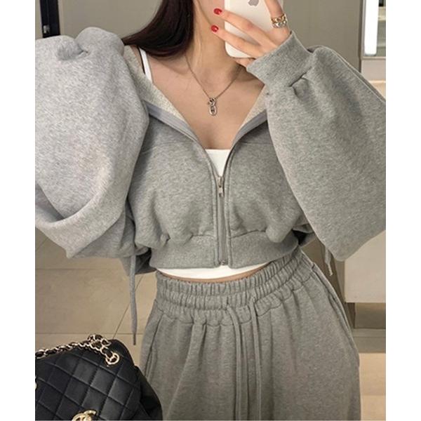 パーカー ボリュームスリーブ クロップドジップアップ＆ワイドパンツ セットアップ レディース