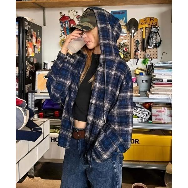 ブラウス シャツ ヴィンテージライクチェック柄フーディーシャツ レディース