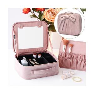 ポーチ ベロアリボン メイクバッグ ピンク 仕切り ミラー付き 角度調節可能 コスメボックス ミニドレッサー 大容量 レディース