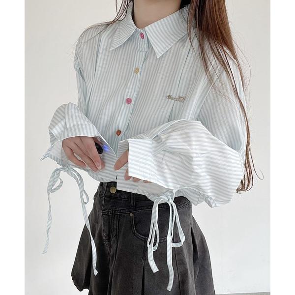 ブラウス シャツ 袖リボンカラフルボタンシャツ レディース
