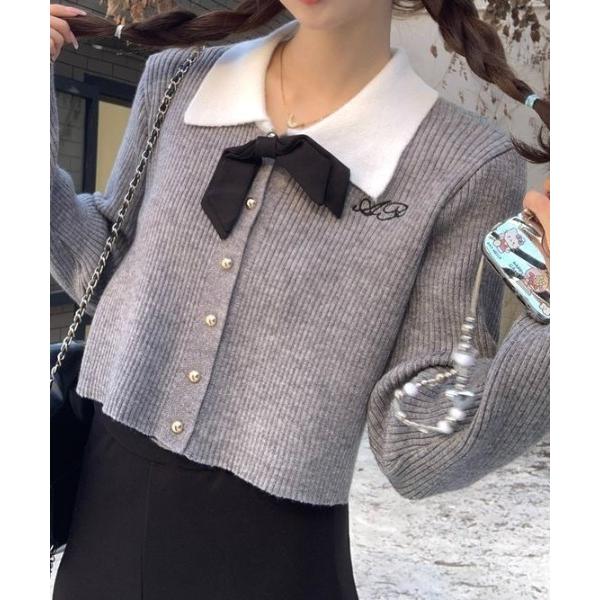 ニット セーター リボン付きバイカラーリブニット レディース