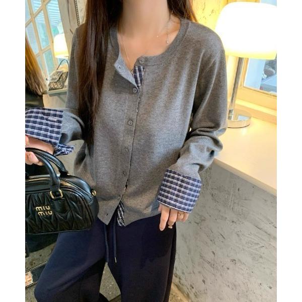 カーディガン カフス見せレイヤード丸首カーディガン レディース