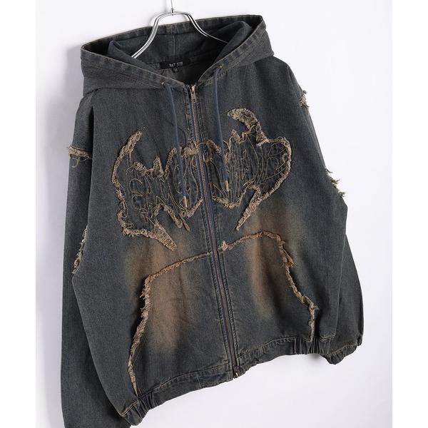 パーカー トライバル刺繍 フリンジ デニム ヴィンテージ加工 フルジップパーカー メンズ レディース