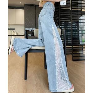 パンツ サイドレース切替パールビジュー付フレアデニムパンツ レディース