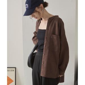ブラウス シャツ フェイクスエード オーバーサイズ バンドカラーシャツ レディース