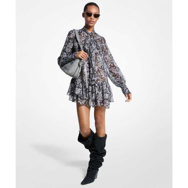 ワンピース メタリック ペイズリー ジョーゼット タイネック ドレス