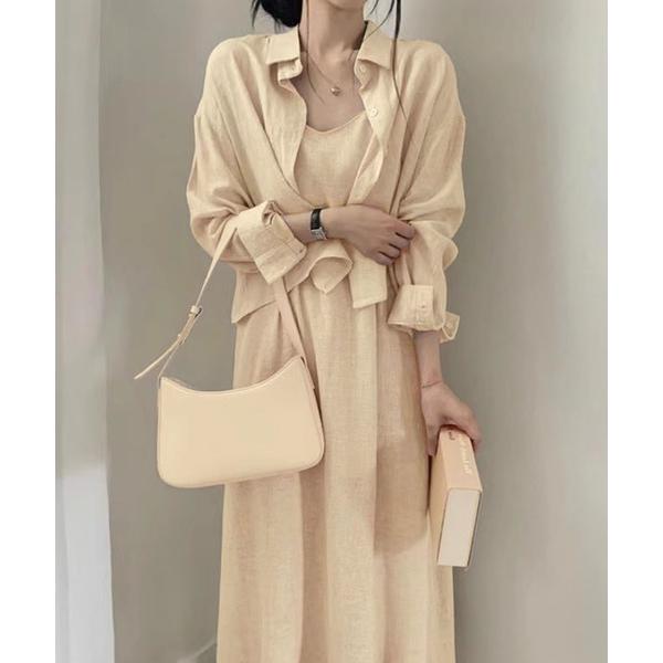 セットアップ 2点セットアップ 麻ライククロップド丈シャツ＆キャミロングワンピース レディース
