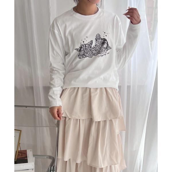 tシャツ キャットモノクロロンT／長袖Tシャツ レディース