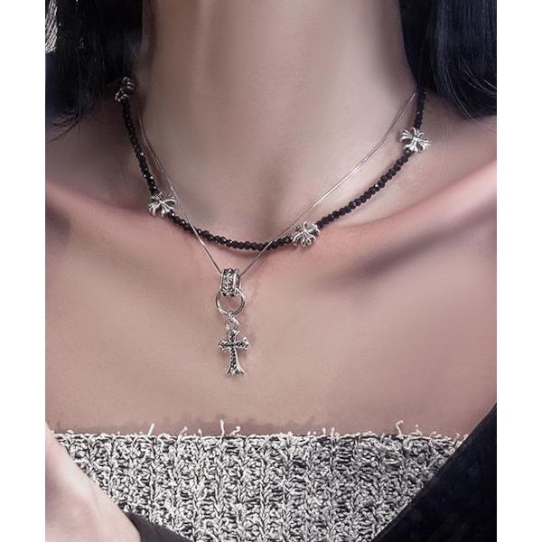 ネックレス 「Bz」クロスモチーフ＆ブラックカラービーズネックレス2点セット Y2K（MA/EK41...