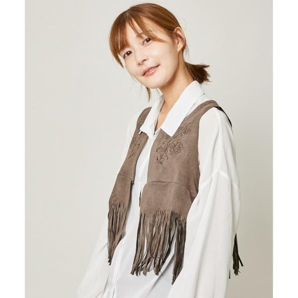 ベスト ジレ 「ヴィンテージムード×個性派フリンジ」主役級スエード刺繍ベスト レディース