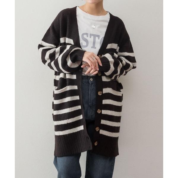 カーディガン Vネックボーダーふわふわニットカーディガン レディース