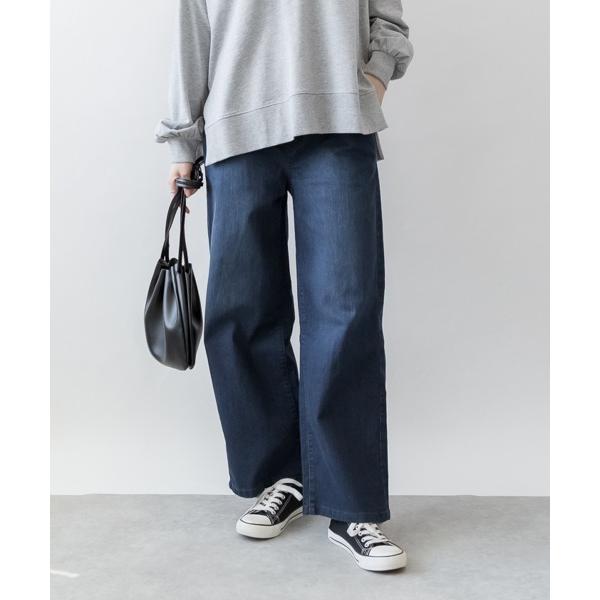 ジーンズ デニム デニムパンツ ウエストリブワイドストレートデニムパンツ レディース