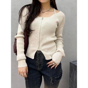 ニット セーター ピグメントジップホルターネックニットトップス レディース