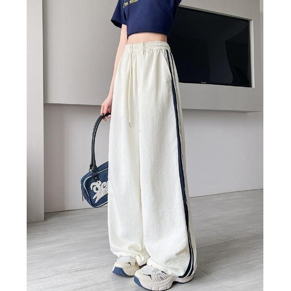 パンツ サイドラインボトム/ウエストゴムドローコード付きナイロンパンツ(空港コーデにも） レディース