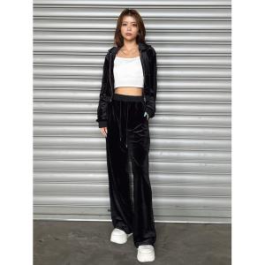 パンツ 脇レースベロアストレートパンツ レディース