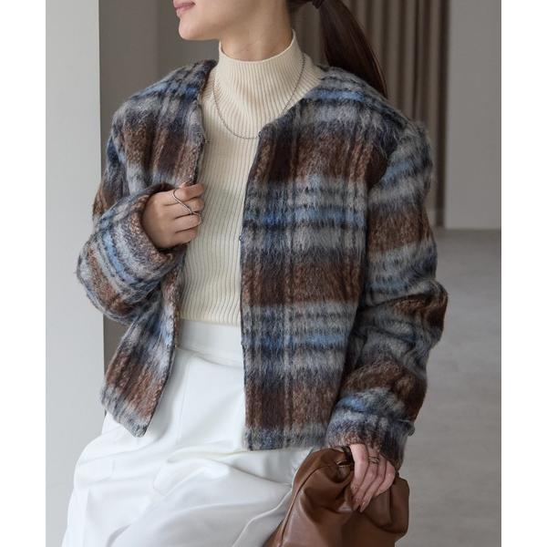 ジャケット ノーカラージャケット シャギーチェック ショート ジャケット レディース