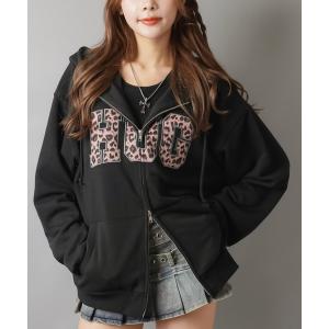 パーカー 裏毛ジップパーカー/ヒョウ柄ロゴ レディース
