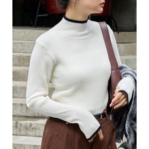 ニット セーター 「マシンウォッシャブル/アンチピリング」配色ライン サムホール ハイネック プルオーバー ソフトリブニット レディース