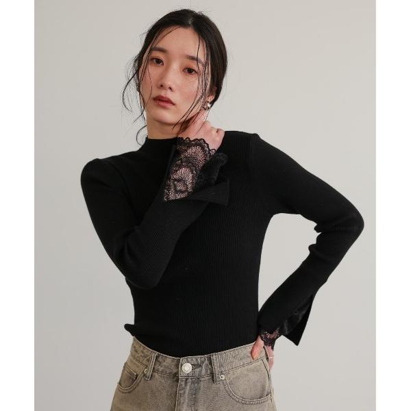 ニット セーター 袖レース付き ベルスリーブリブニットセーター レディース