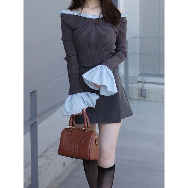 ニット セーター 異素材フリルオフショルリブニット レディース