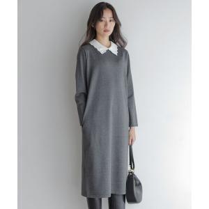 ワンピース レースライク襟付きニットワンピース