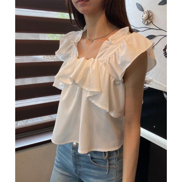 ブラウス シャツ ギャザーフリル フレアシルエット ノースリーブトップス レディース