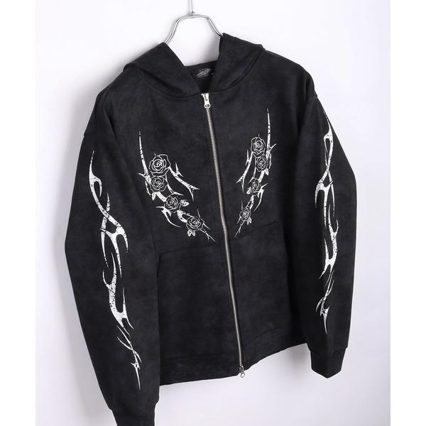 パーカー トライバル薔薇モチーフ フルジップパーカー メンズ レディース