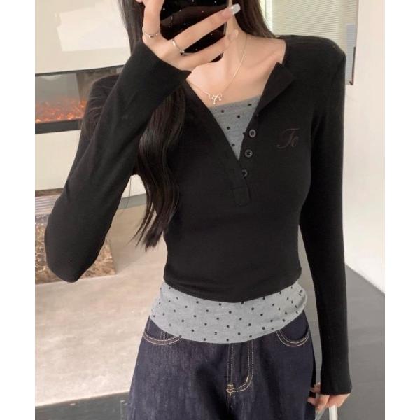 tシャツ ドットレイヤード風ドッキングカットトップス レディース