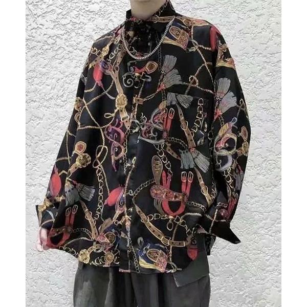 tシャツ 「Bz」EK172/チェーン柄古着風オーバーサイズ長袖シャツ メンズ レディース