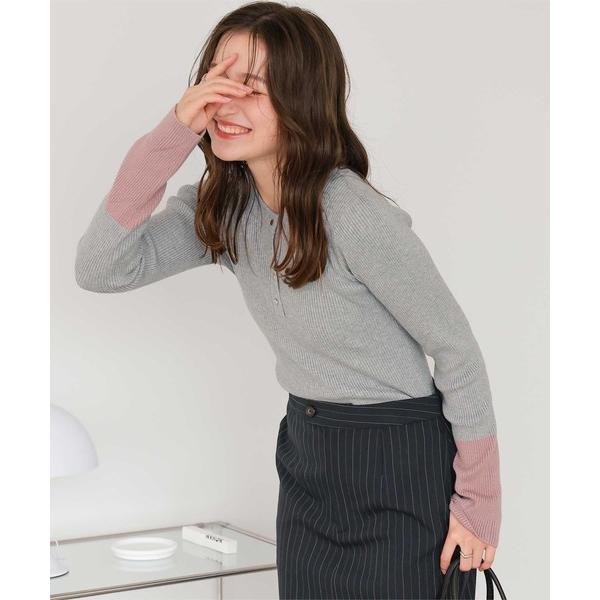 ニット セーター 袖配色ヘンリーネックニット レディース