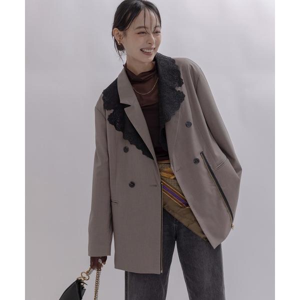 ジャケット テーラードジャケット レースカラー ジップ ダブルジャケット レディース