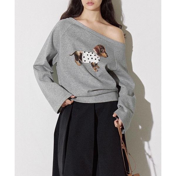 トレーナー スウェット ドッグプリント ラグランスリーブ ワンショルダートップス FQ25S143「...