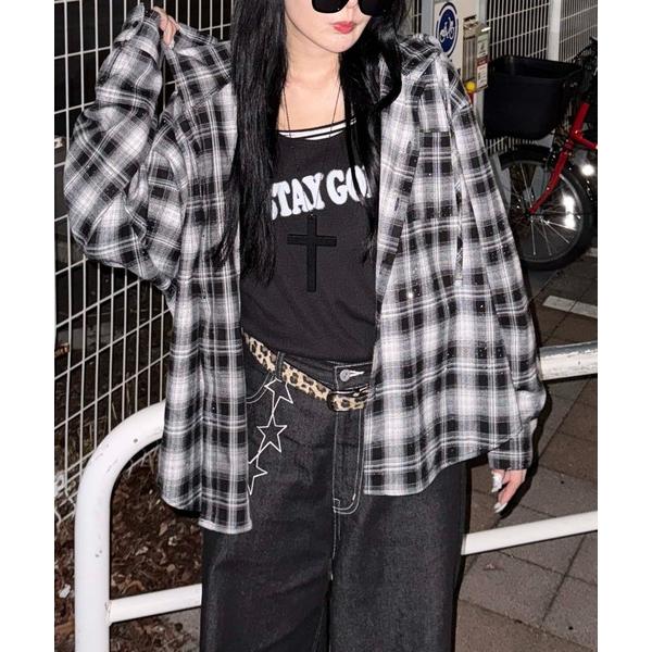 ブラウス シャツ ラインストーンチェックシャツパーカー レディース メンズ