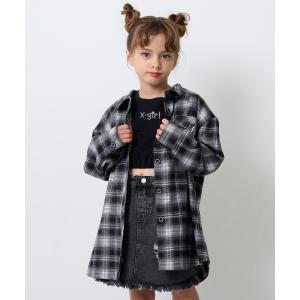 ブラウス シャツ シャドーチェックロゴ刺しゅうロング丈シャツ キッズ 子供服 女の子