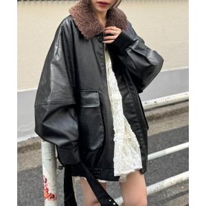 ブルゾン アウター ボア付きフェイクレザージャケット レディース