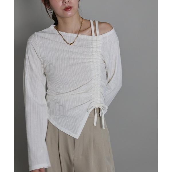 tシャツ ワンオフショルダーギャザーリボンTシャツ レディース