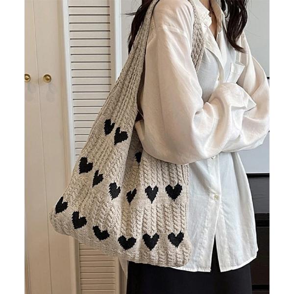 トートバッグ ハートデザインニットトートバッグ レディース