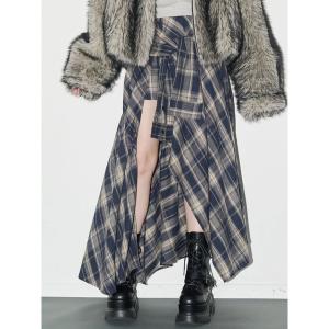スカート スリーブデザインチェックアシンメトリースカート