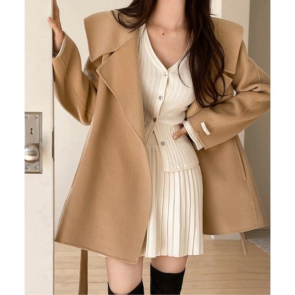 コート アウター フライヨークウエストベルト付きショートコート レディース