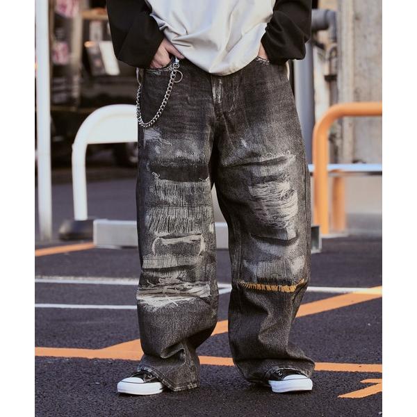 ワイドパンツ ジーンズ Damage print design curved denim/ダメージプ...