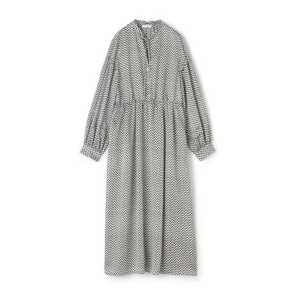 ワンピース ラグスクエアプリント ウエストギャザーワンピース