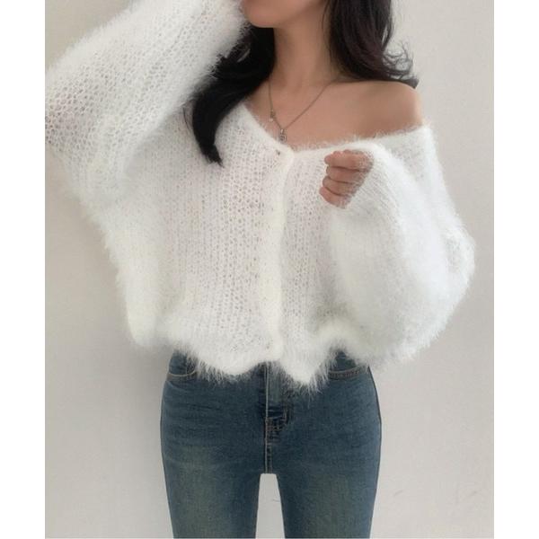 カーディガン シャギーニット Vネックカーディガン レディース