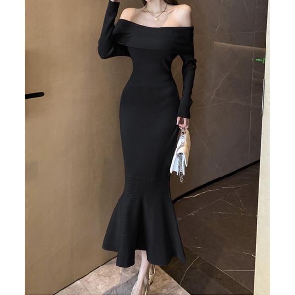 ワンピース オフショルダー リブニットマーメイドワンピース