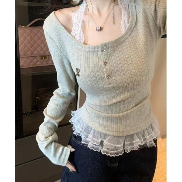 ヘンリーネック tシャツ レースキャミソール ヘンリーネックレイヤード風トップス レディース