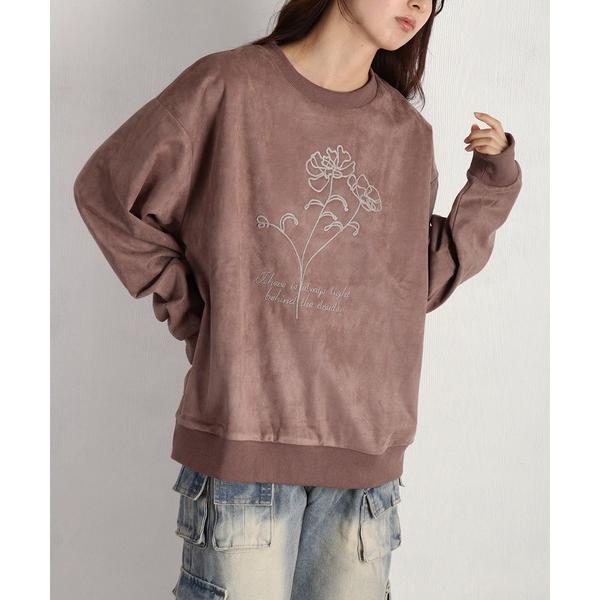 トレーナー スウェット 裏起毛 カットスウェード フラワーチェーン刺繍トレーナー 長袖 メンズ レデ...