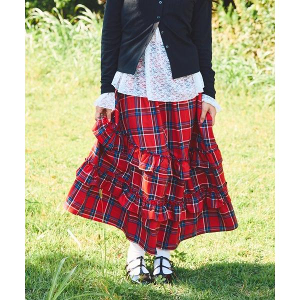 スカート アシンメトリーチェックフリルロングスカート