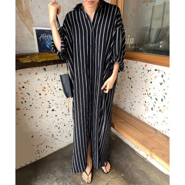 シャツワンピース ストライプ柄ロングシャツワンピース