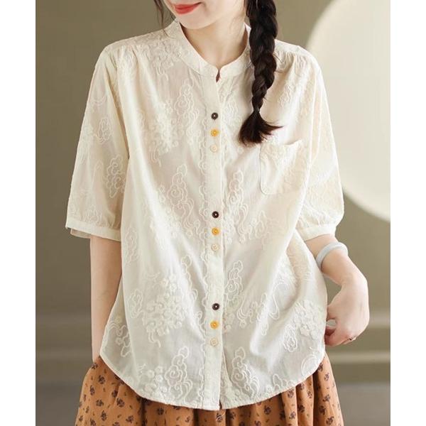 ブラウス シャツ ノーカラー七分袖刺繍ブラウス レディース